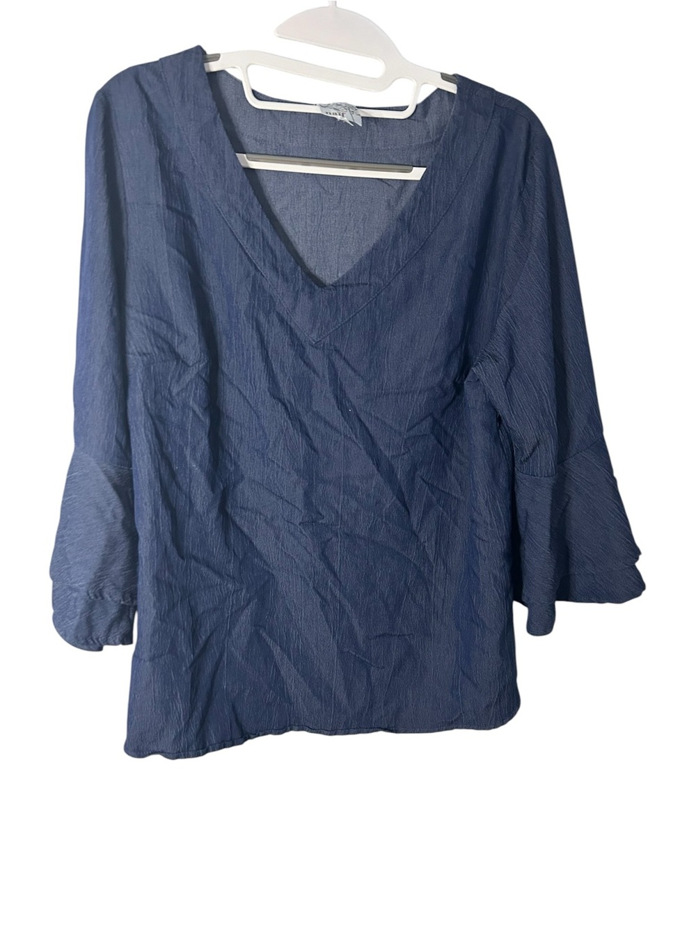 NAIF Navy V-Neck Bell Sleeve Blouse